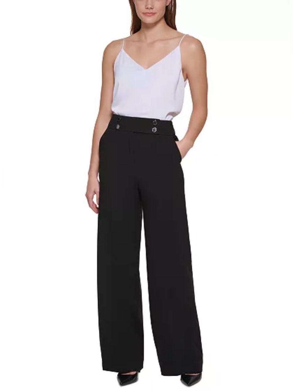 Calvin Klein Black High-Rise Wide-Leg Trousers with Button Waist